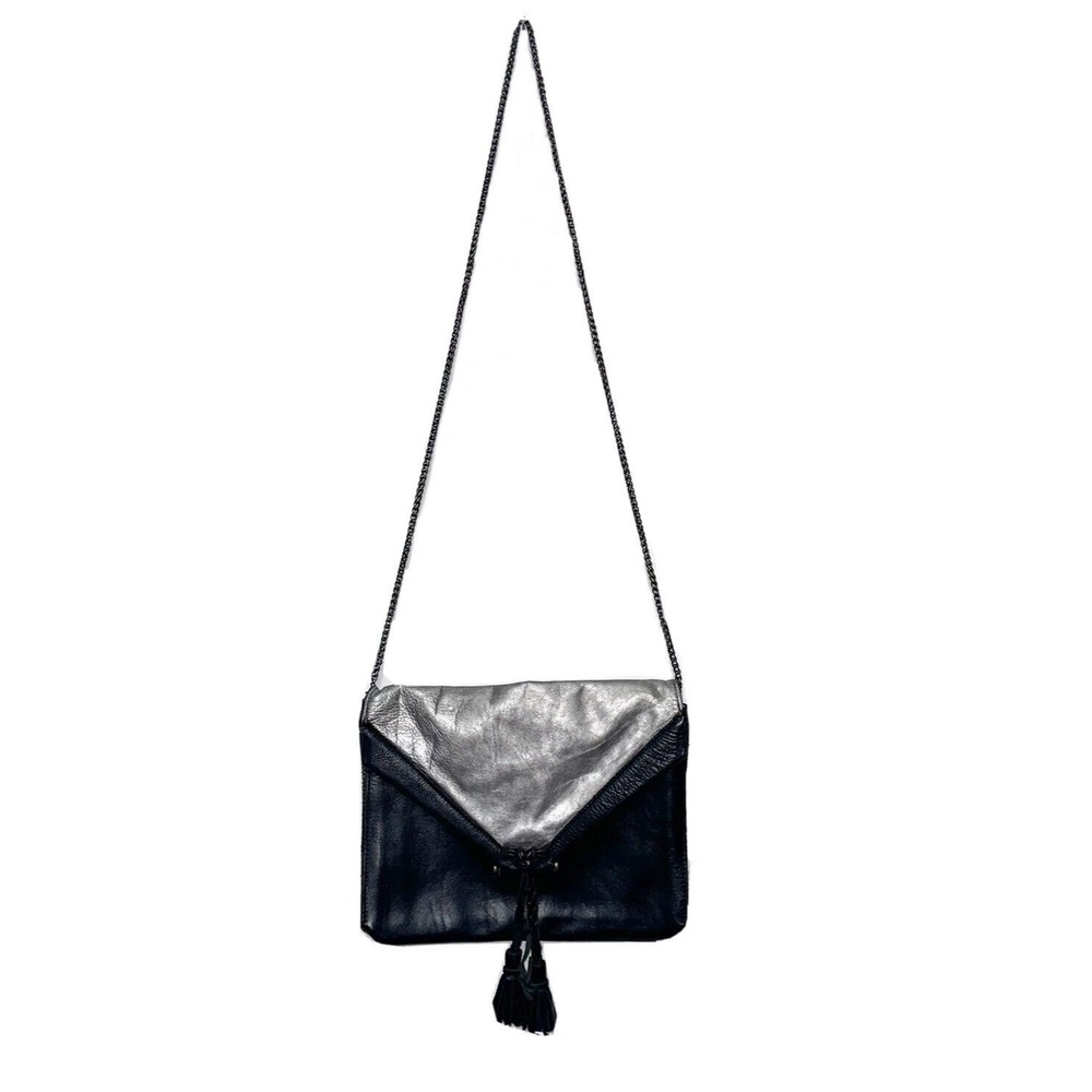Embrazio Black Silver Leather Envelope Crossbody Clutch Bag